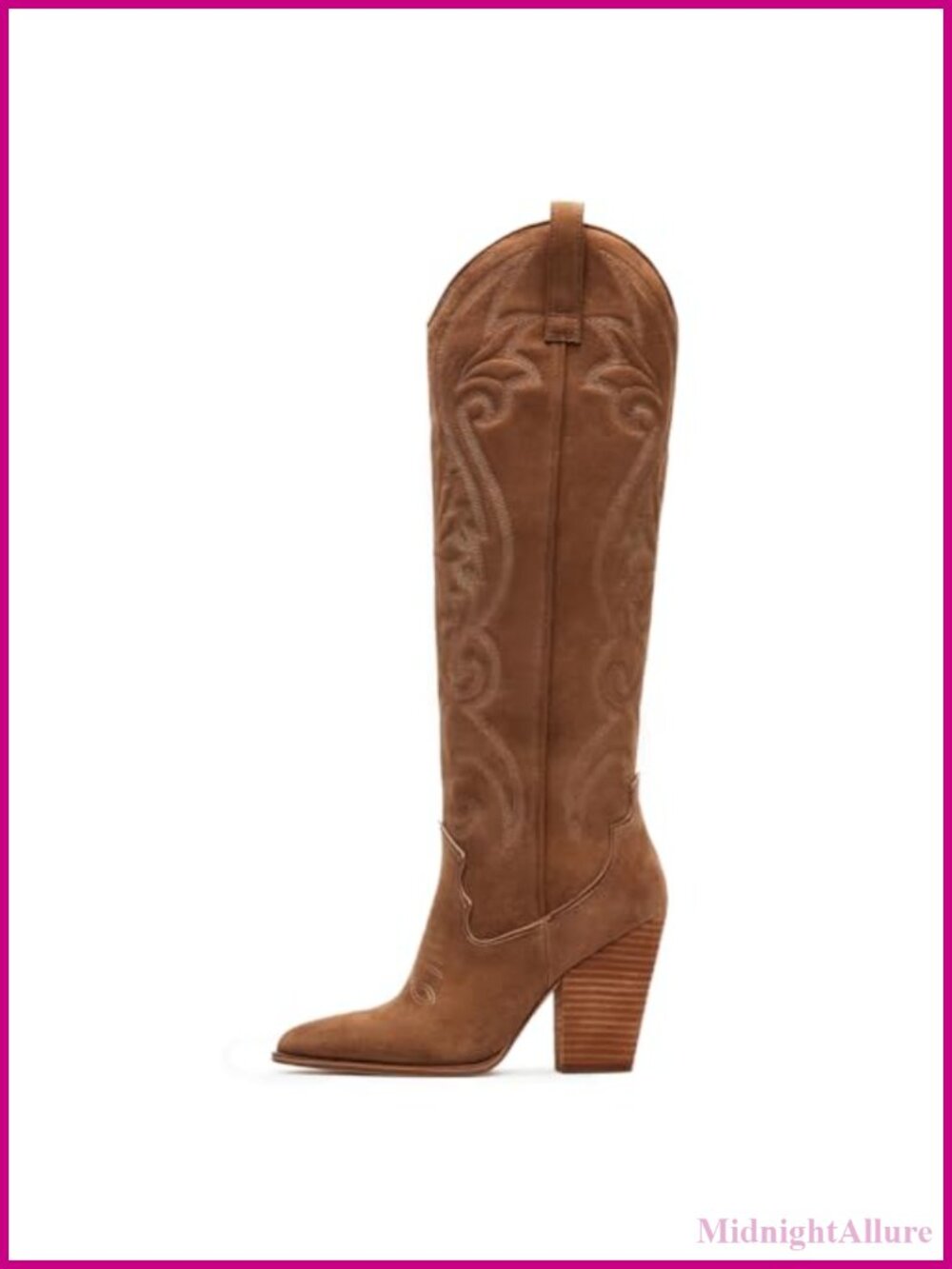 Knee High Cowboy Boots Pointed Toe Chunky Heel Pull-On Embroidered Western